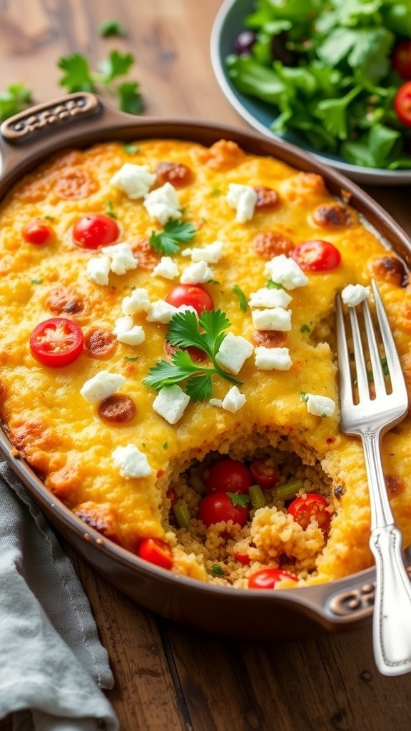 A colorful quinoa bake with feta cheese and vegetables in a rustic dish, garnished with parsley on a wooden table.
